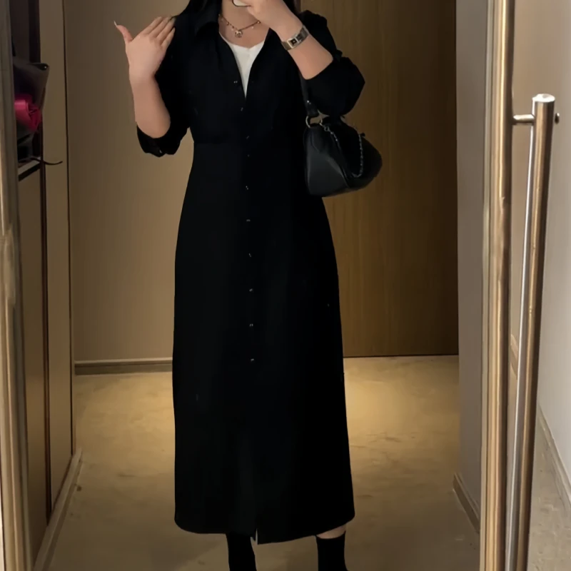 初秋大码法式复古假两件高腰小黑裙女秋季新款胖mm遮肉显瘦连衣裙