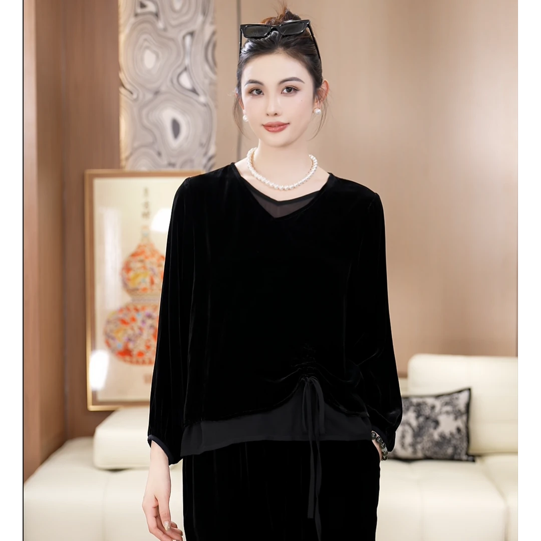 极简抽绳拼接双层真丝丝绒气质简约百搭复古长袖圆领衬衫A050727