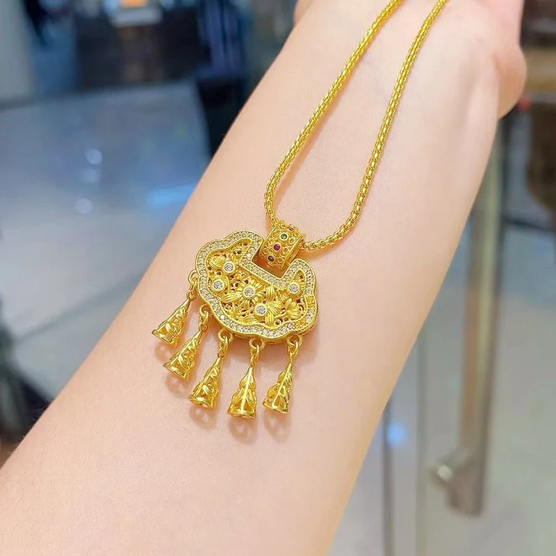 镀K金金店同款diy配件镶钻镂空同心莲流苏锁包吊坠项链毛衣链