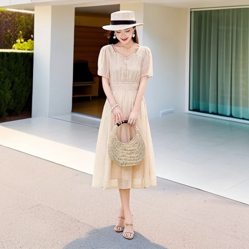5216#米【木兮兮专属】2025年夏季新款气质收腰显瘦百搭时尚连衣裙