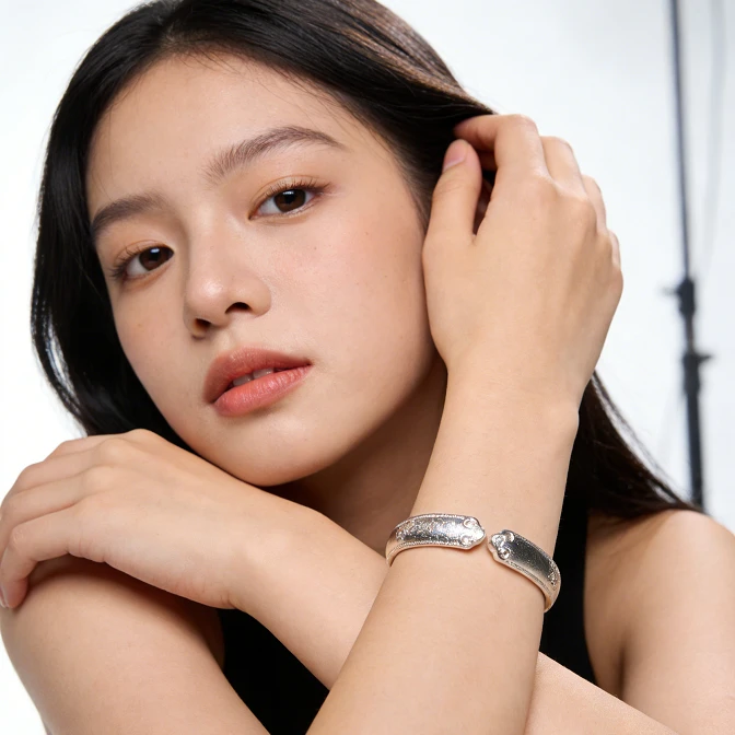 足银手镯 【山】39号9999纯银古法宝相花时尚开口款手镯