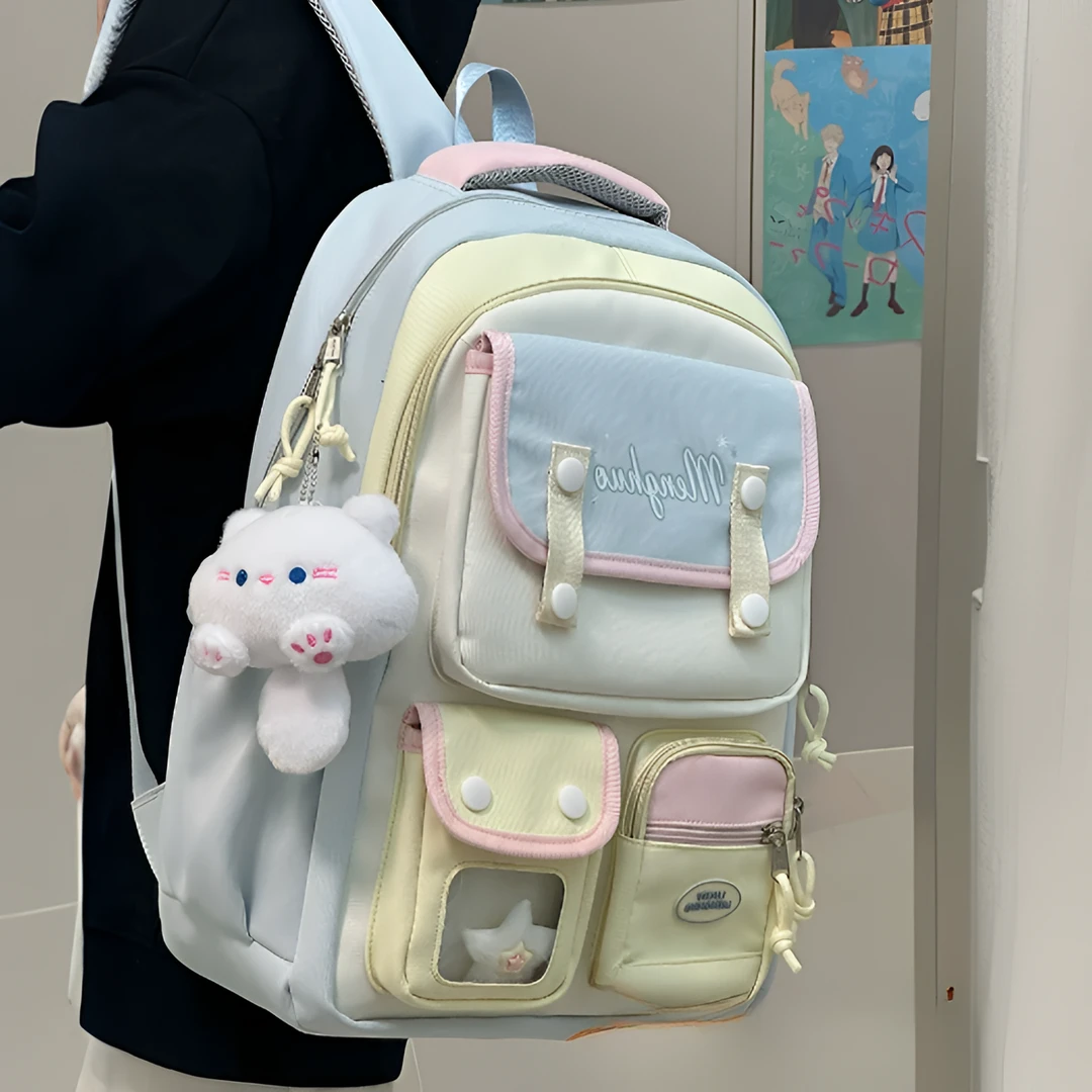 高颜值撞色学院风书包女初中高中学生大容量双肩包小学生减负背包