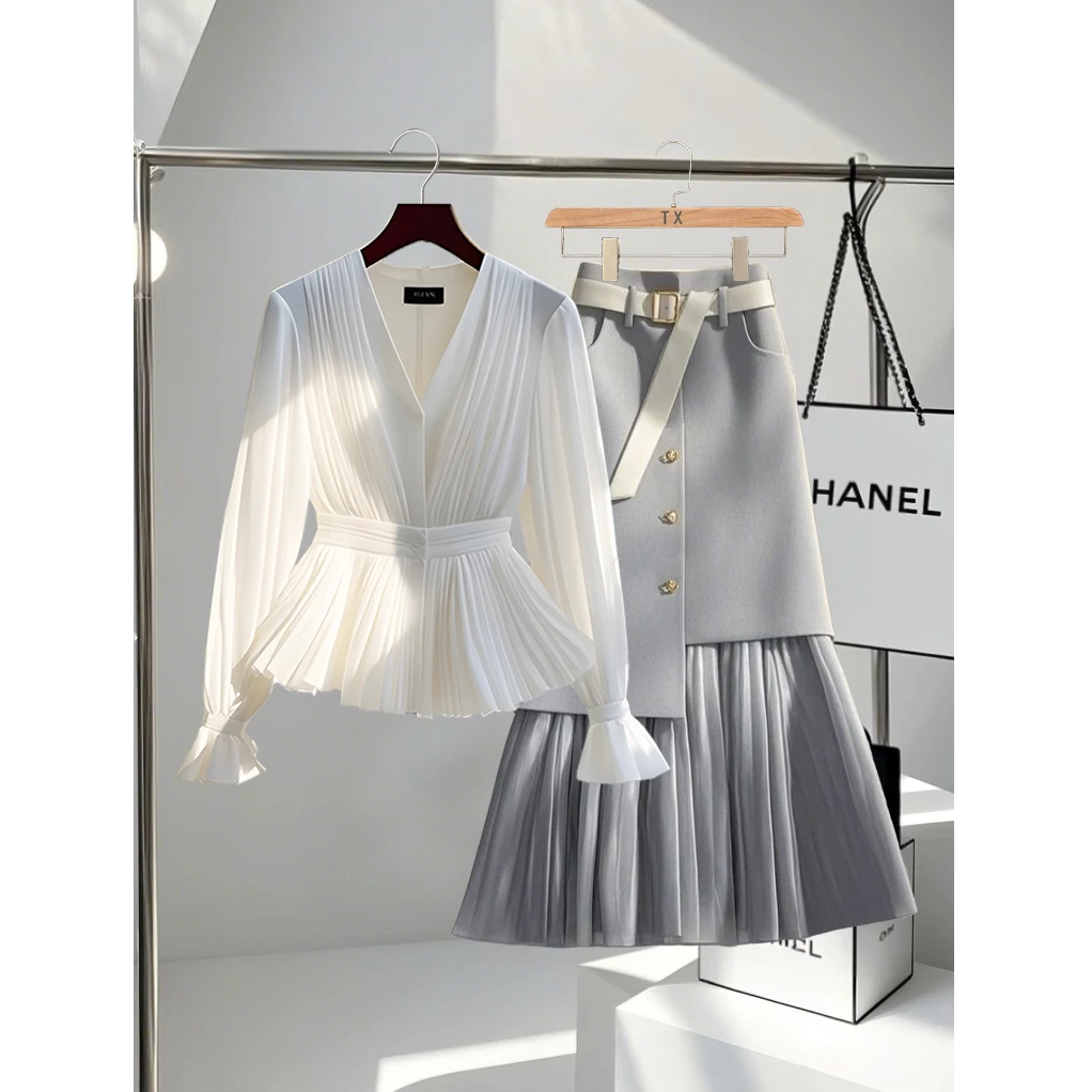 2025穿搭一整套洋气衣服女褶皱显瘦百搭上衣时尚小众不撞款半身裙