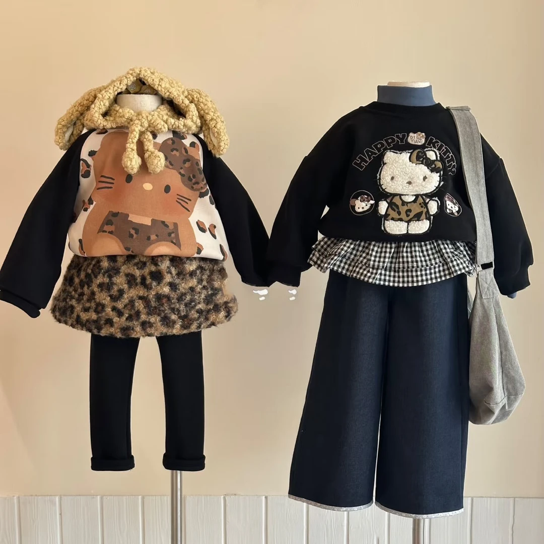 90-130女童加绒豹纹KT套装韩版时髦