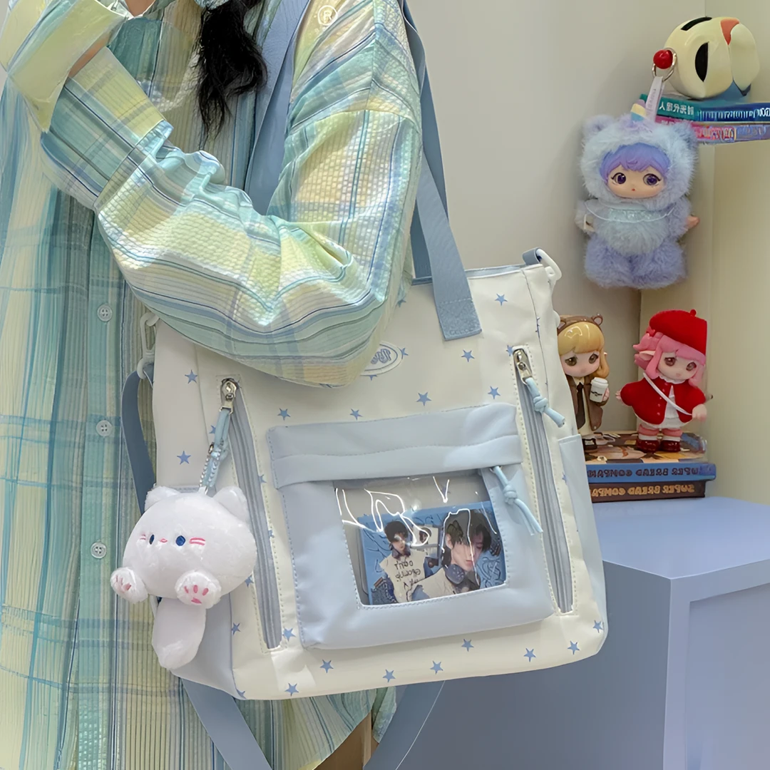 大容量通勤单肩包日系ins可爱星星托特包痛包学生上课补习斜挎包