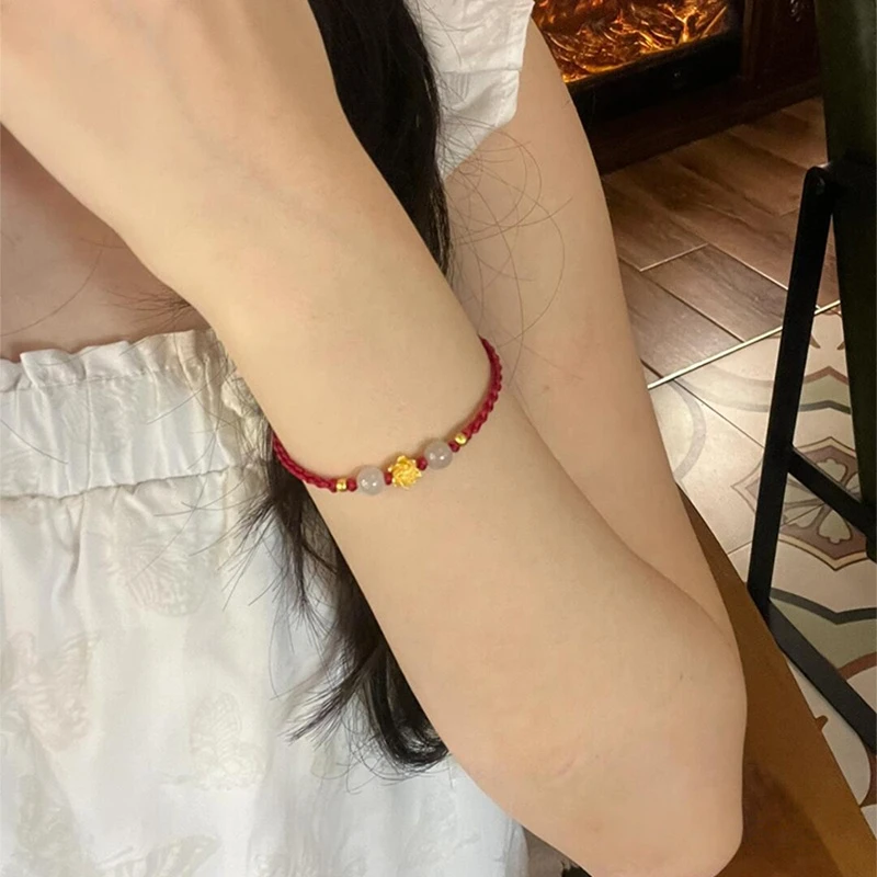 铜合金手链 新中式莲花珠珠手链复古小众高级感本命年编织手绳女