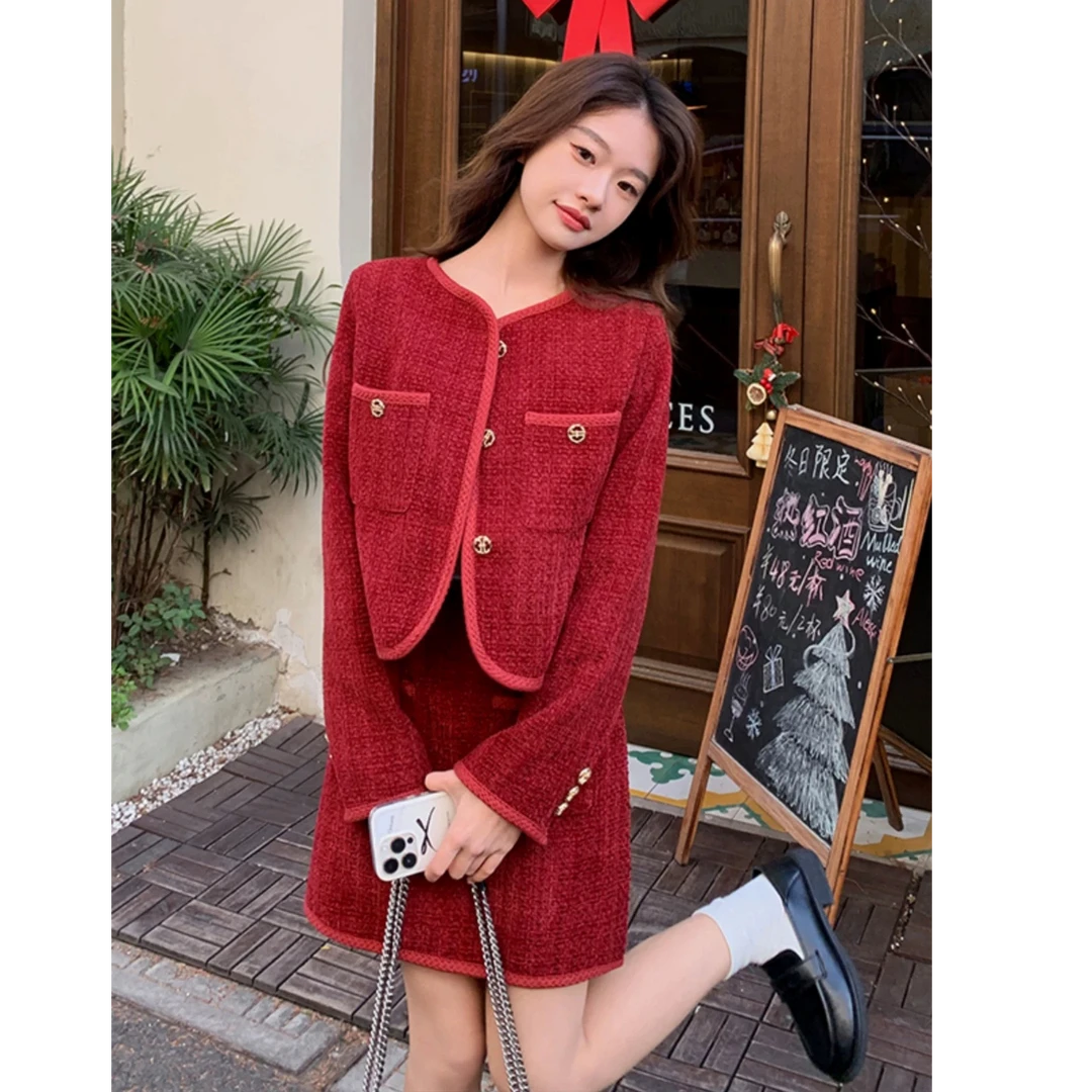 AB289红色小香风套装2025春季新款高级感短外套高腰半身裙两件套