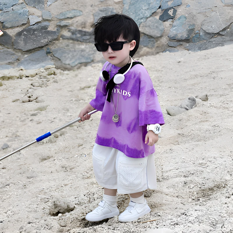 童装男童2025夏季洋气香芋紫薄款短袖韩版儿童宝宝帅气上衣百搭