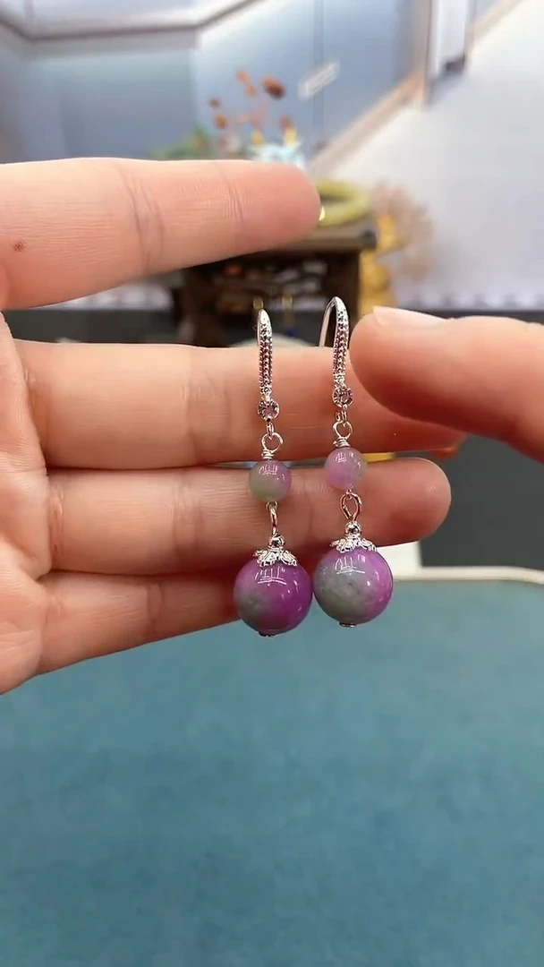 银S925镶嵌翡翠耳饰12mm春彩双珠