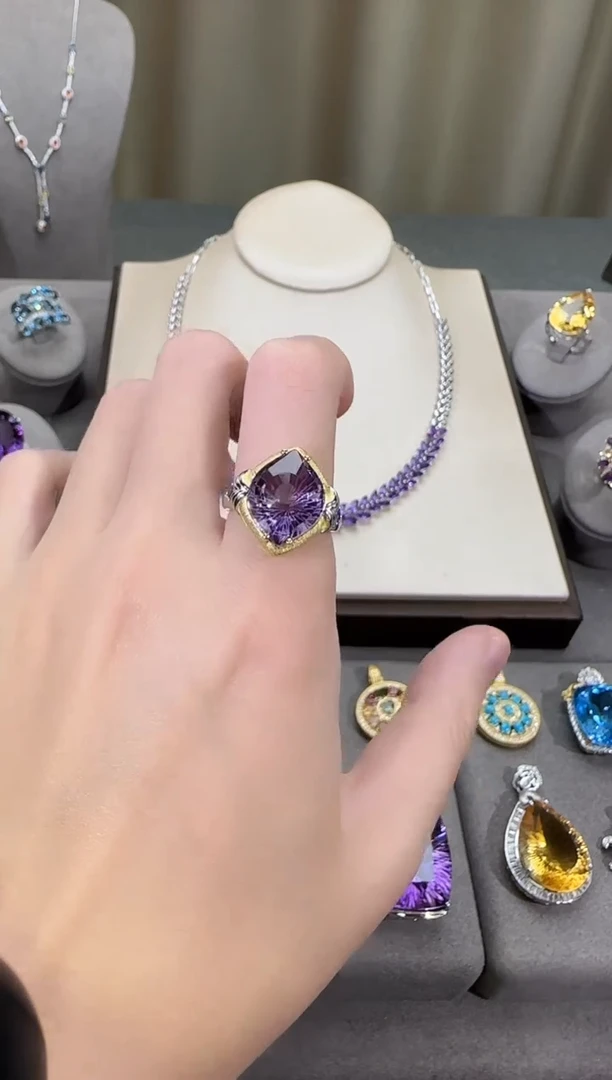 银S925镶嵌戒指紫晶15*12mm恶魔之眼设计款戒指