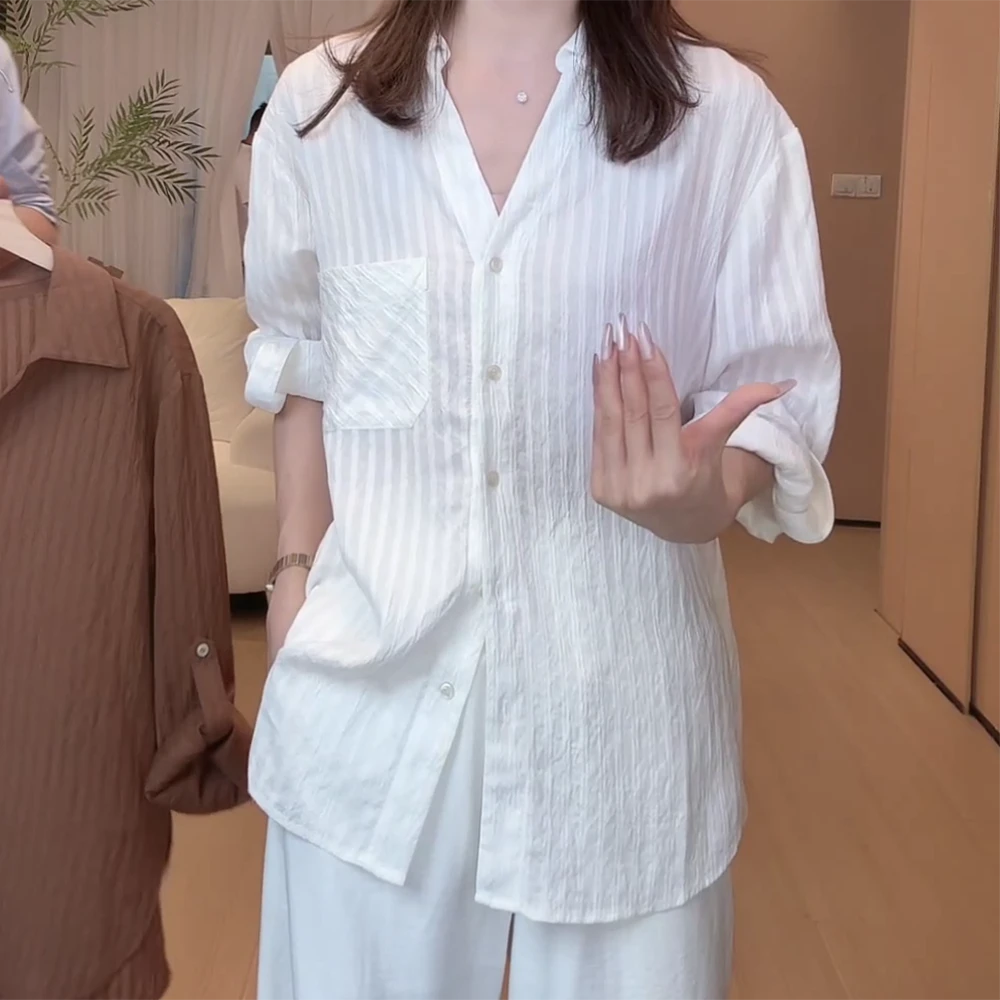 秋季松弛V领通勤休闲宽松高级感翻领衬衫上衣C5937