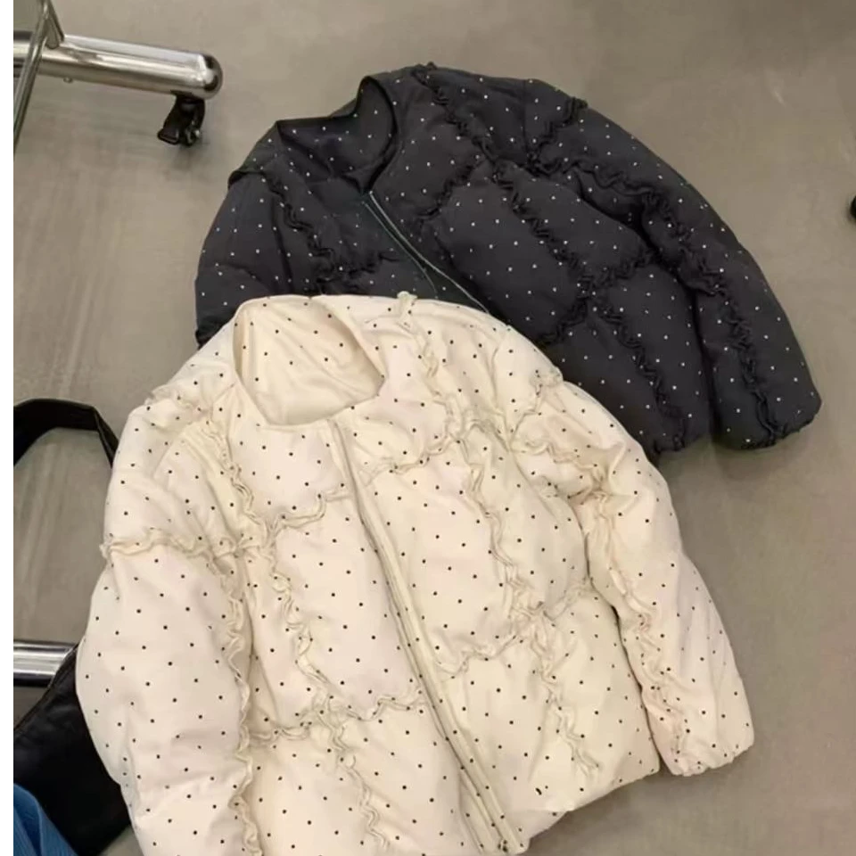 韩系工作室精致花边波点圆领羽绒外套