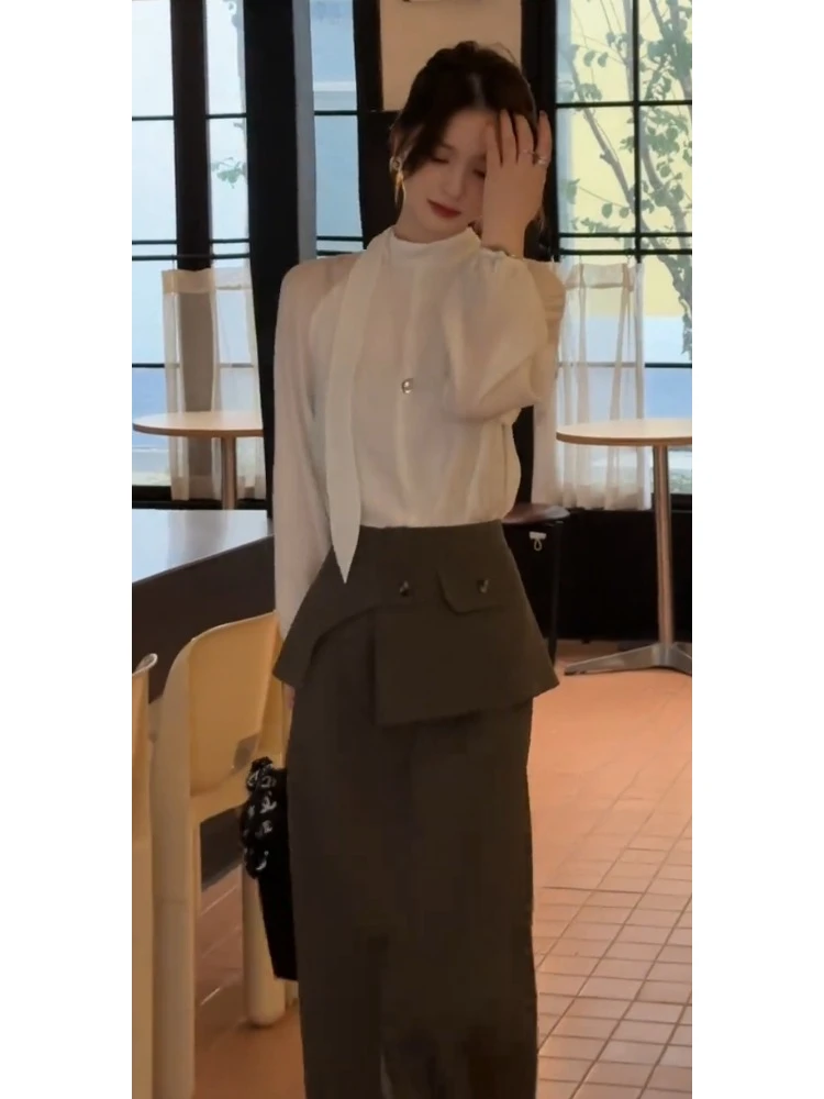 早秋大方得体穿搭气质高端独特超好看小香风白色衬衫半身裙套装女