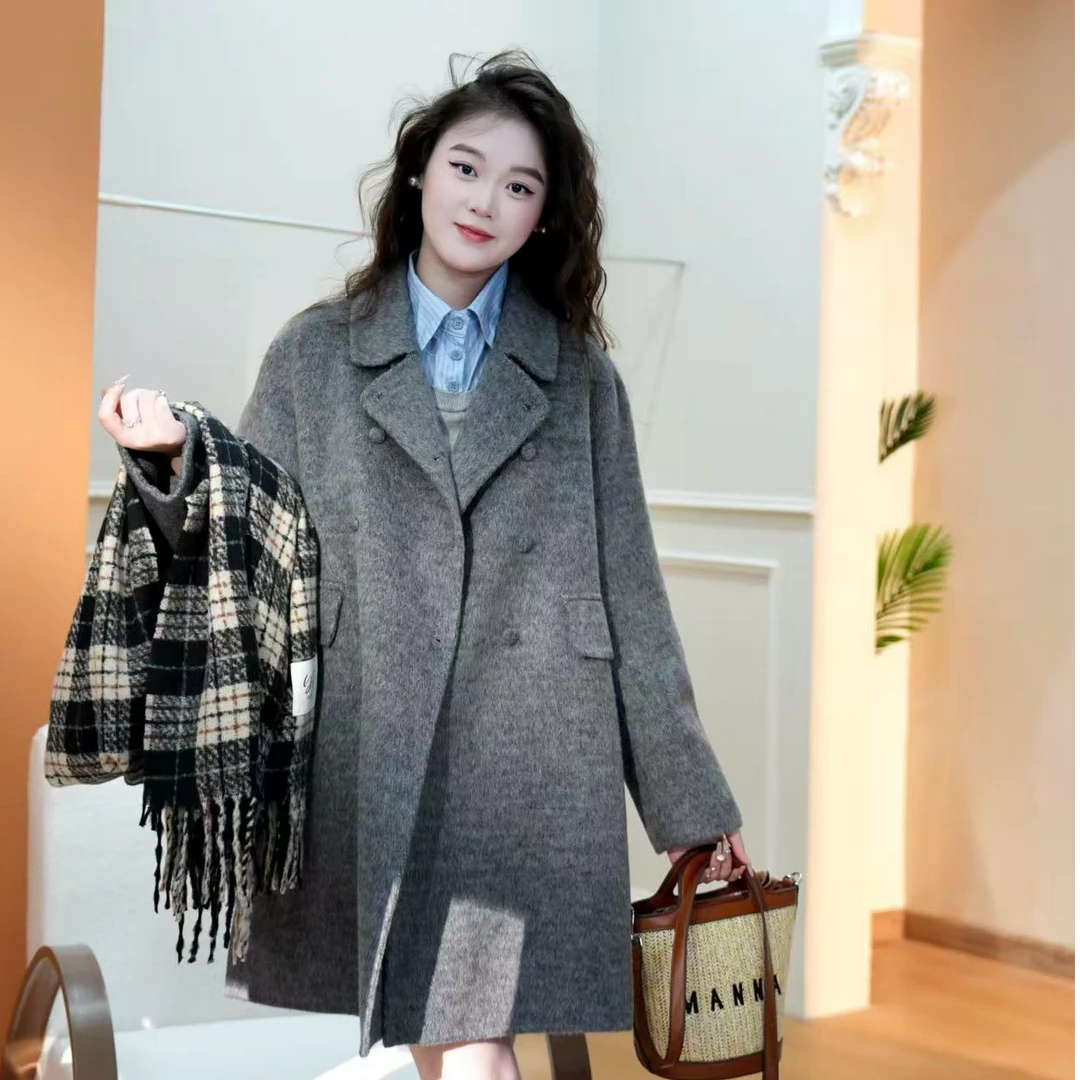 2025娃娃领秋冬中长款时尚百搭女毛呢双面A版加厚外套668899