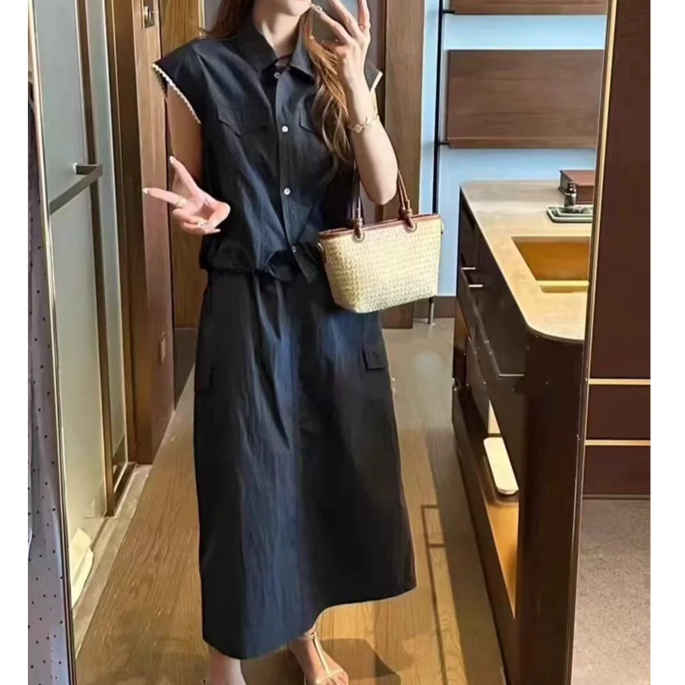 【锦衣服饰】F A 13韩系翻领抽绳短袖衫工装半身裙套装