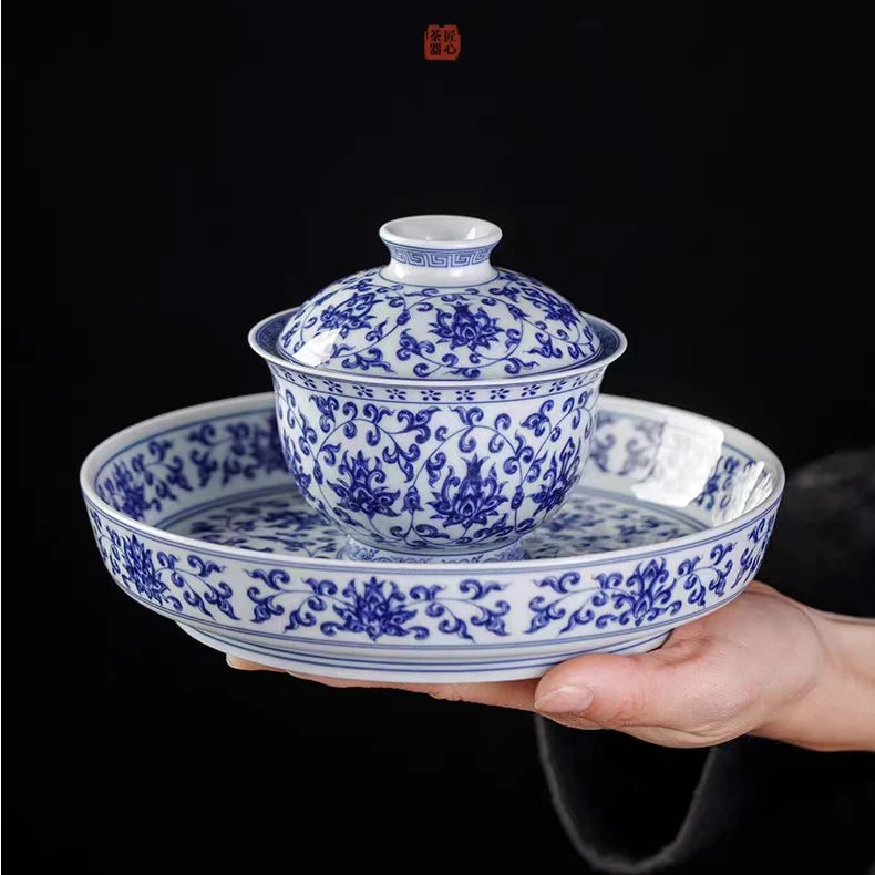 景德镇七丞堂青花缠枝莲三才盖碗