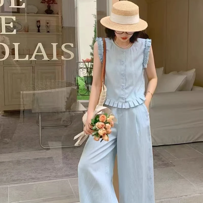 2025夏季新款木耳边无袖上衣阔腿裤两件套时尚洋气显瘦套装