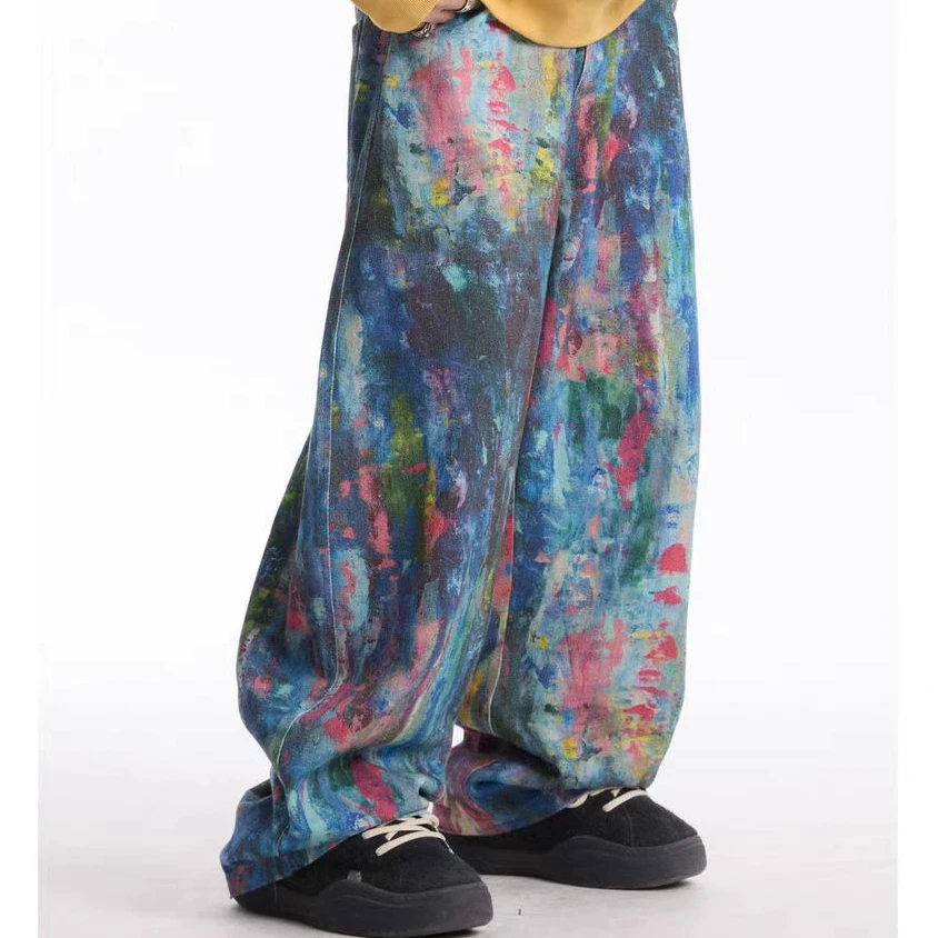 CoosRetro炫彩印花牛仔弯刀裤春季男女宽松直筒休闲裤潮CS51X03