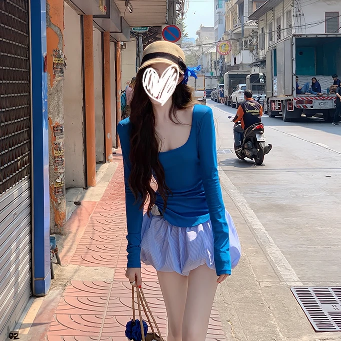 【退货补贴8-12】清透春夏纯欲U领长袖打底衫女薄款防晒衫