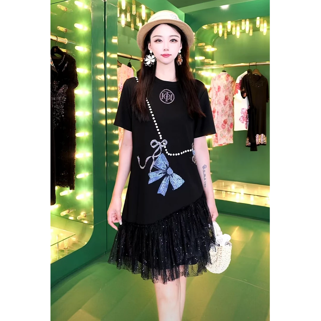 TCH轻奢时尚纯欲慵懒风女装百搭拼接小熊蝴蝶结连衣裙T75C30E1010