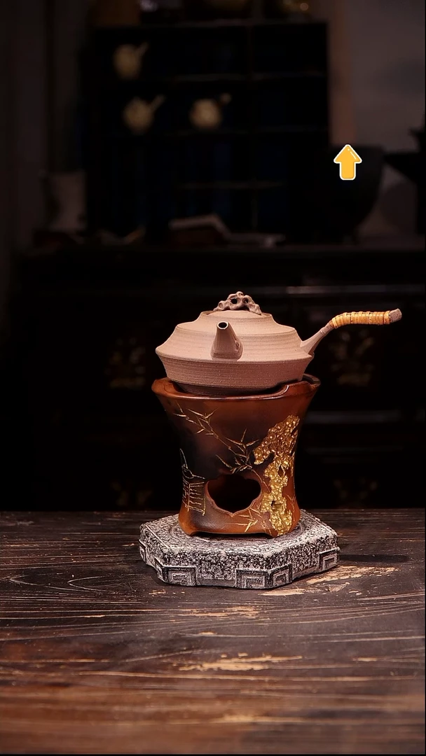 纯手工珊瑚石侧把加红泥平口雕刻炉