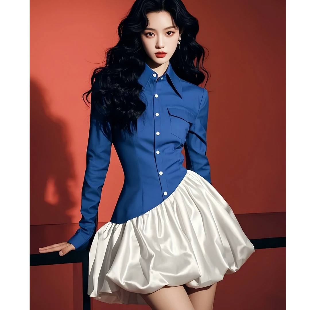 春季冷淡系独特别致法式富家千金风miu系蓝色衬衫拼接连衣裙子女