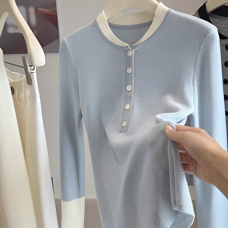 韩系假两件针织打底衫女2025早秋新款小个子修身显瘦内搭长袖上衣