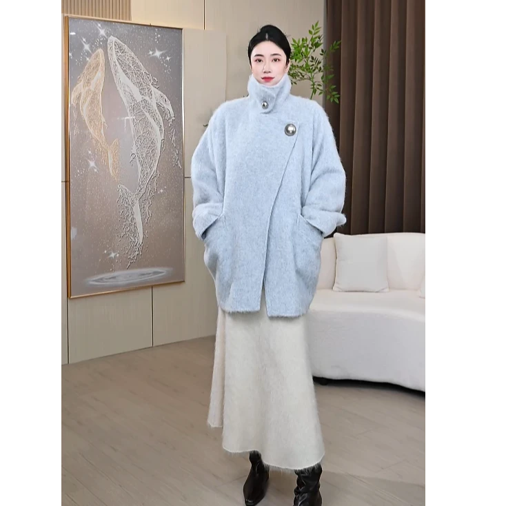 【东境丝云】气质典雅羊绒蚕丝时尚拉绒中长款外套