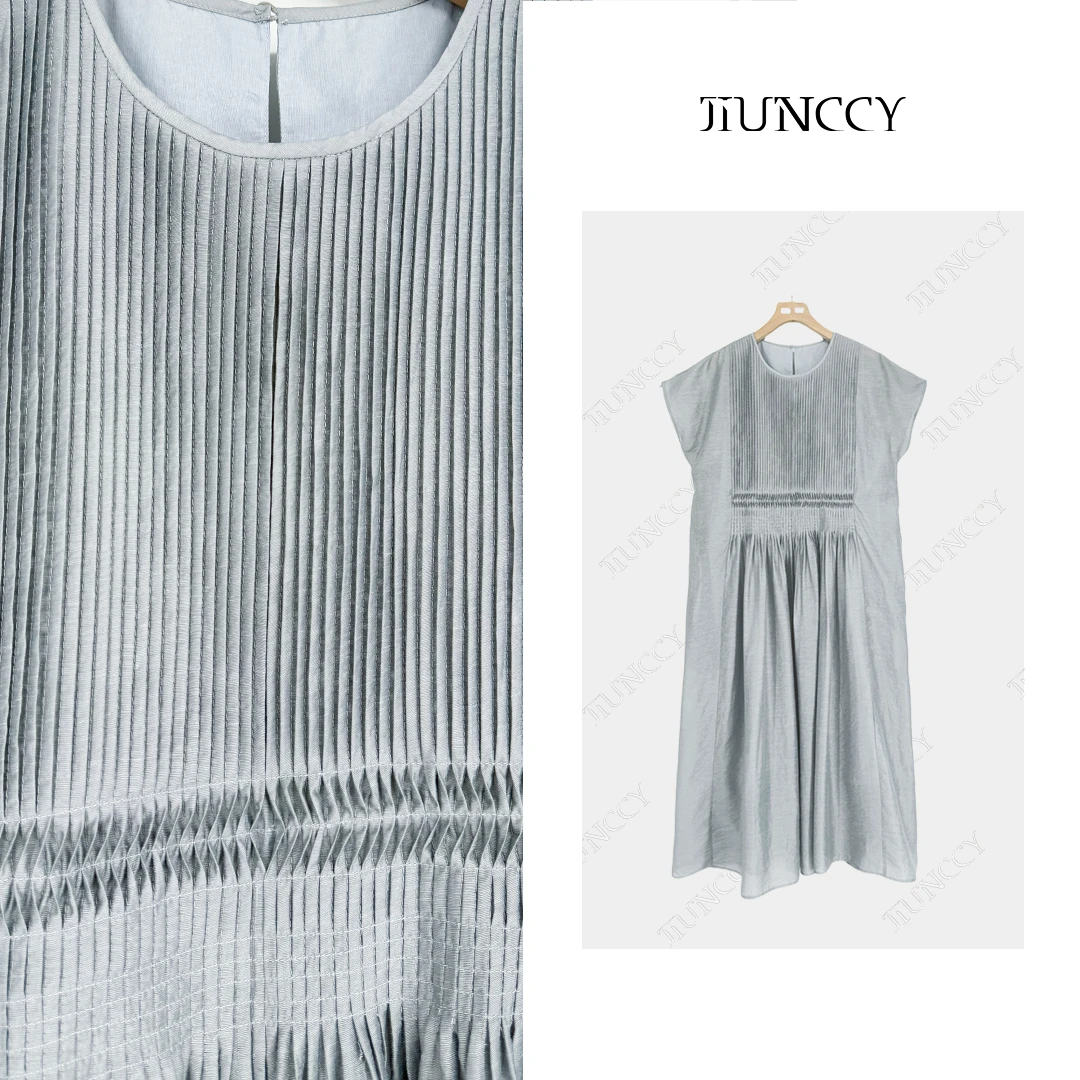 JIUNCCY【蓝铃】定制亚麻重工风琴褶倒褶打条连肩袖连衣裙52YLYQ020