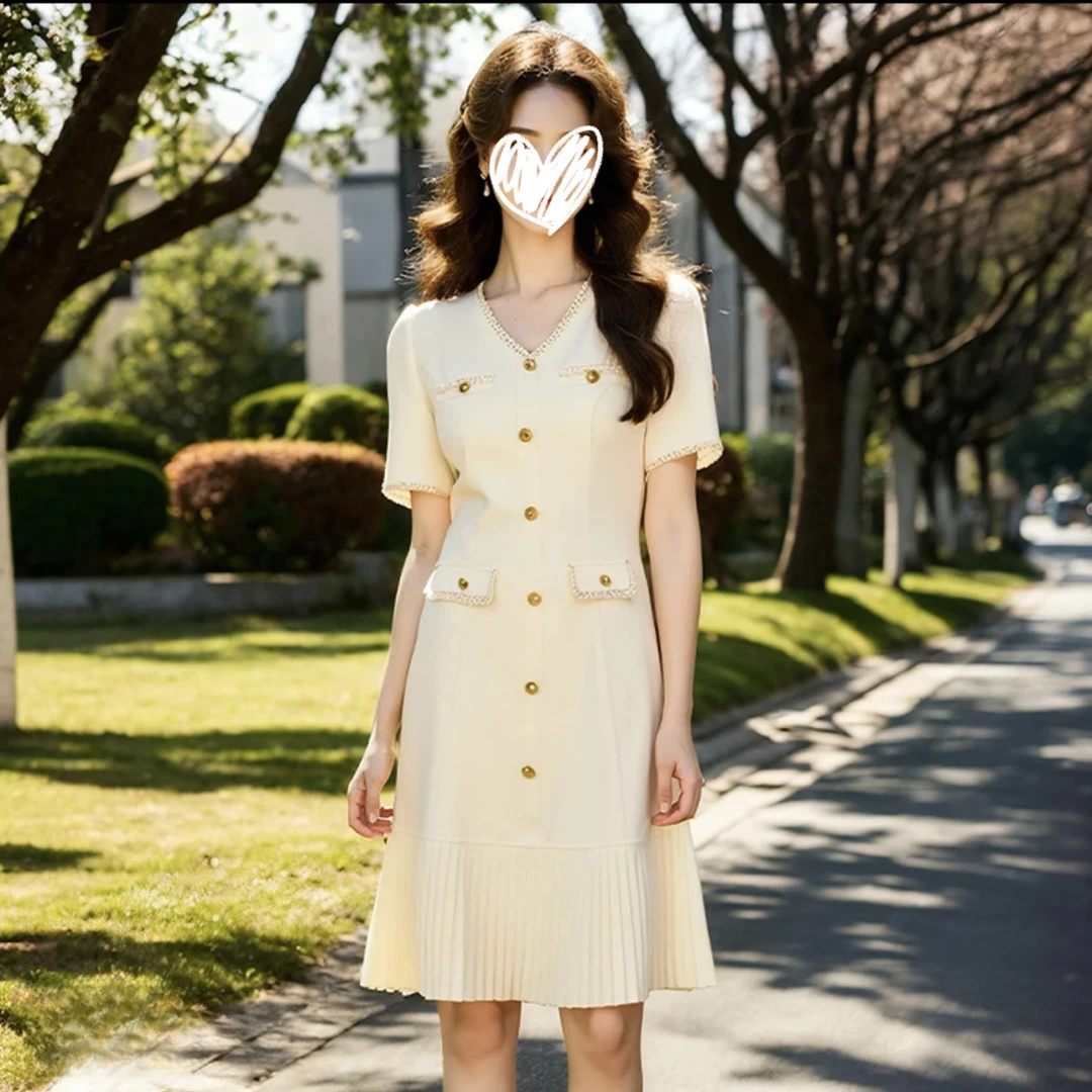 大码女装法式V领轻奢优雅连衣裙单排扣气质中长裙