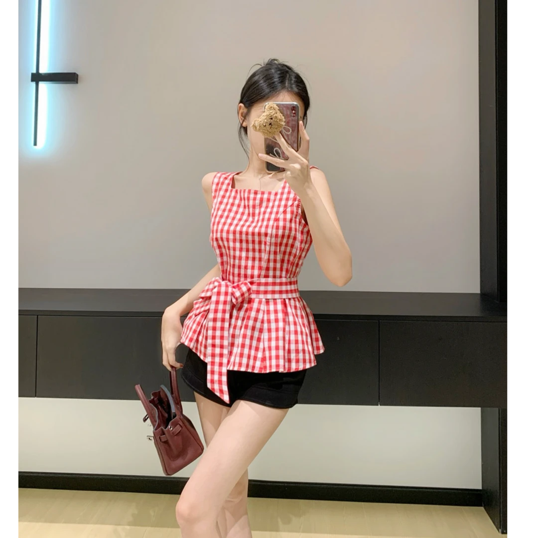 【现货】Leathercat背心女夏外穿2025新款减龄格纹设计感无袖上衣