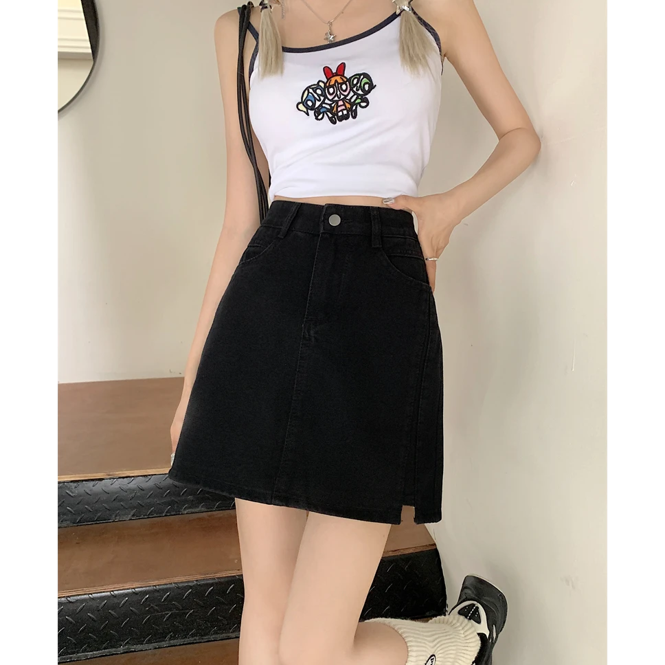 简约牛仔短裙夏季女开叉半身裙高腰百搭薄款包臀A字裙裤KX66322