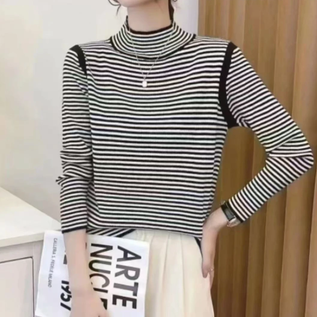 116#秋冬条纹加绒加厚长袖针织衫半高领1 15