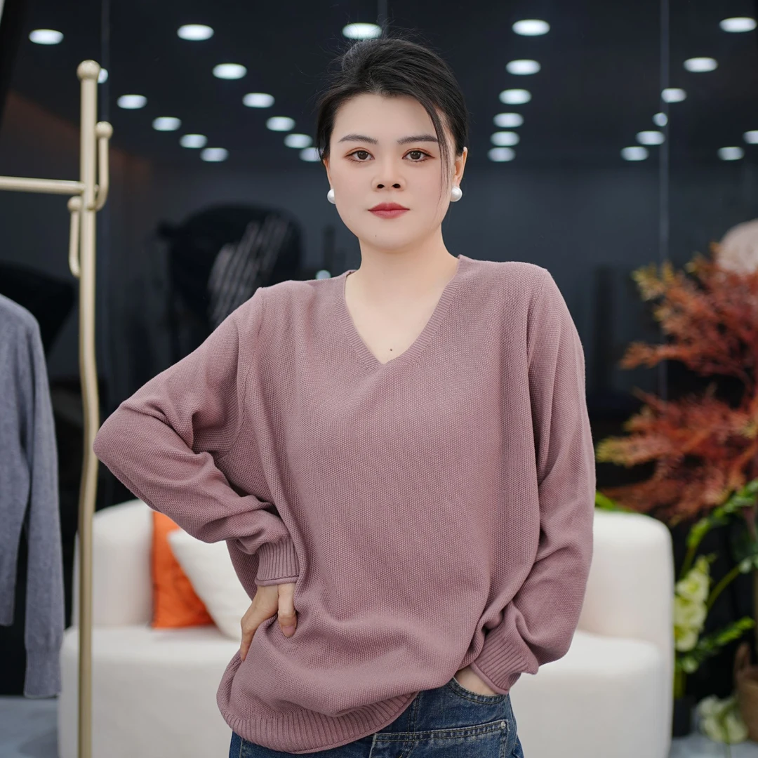 【艾娜严选】2025新款春季V领长袖女纯色毛针织衫休闲针织衫上衣