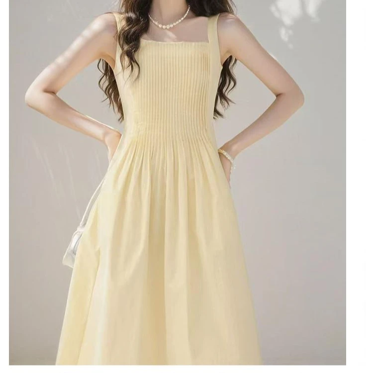 法式平口设计风琴褶夏季吊带裙气质女装连衣裙收腰长裙显瘦裙子