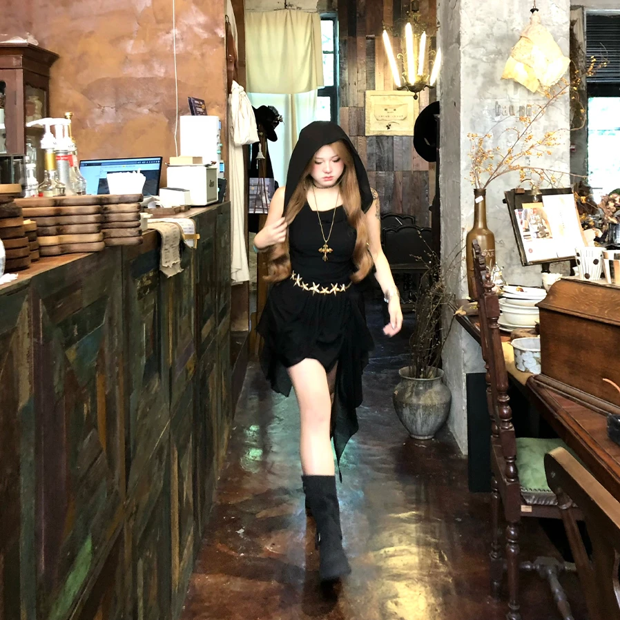 安妮不火【月女神纱】新款废土风显瘦辣妹连帽雪纺连衣裙A251Q0301