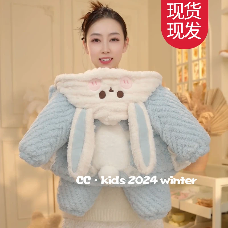 儿童装女童卡通保暖加绒加厚外穿宝宝连帽可爱兔家居服套装24166