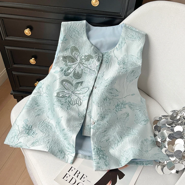 6498新款百搭时尚新中式国风立领提花法绣高级亮片叠穿马甲上衣女