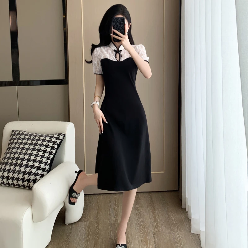 连衣裙女夏季收腰遮肉显瘦欧货露肩短袖拼色裙子赫本风气质小黑裙