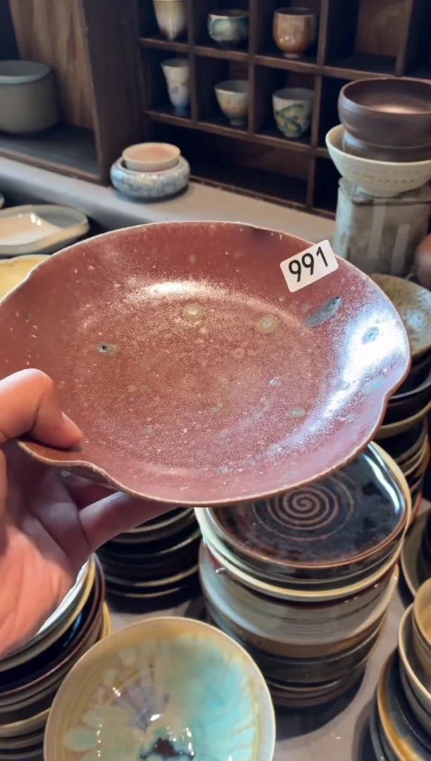 瓷片小*恩991  微瑕粗陶粉紫色手工盘1个