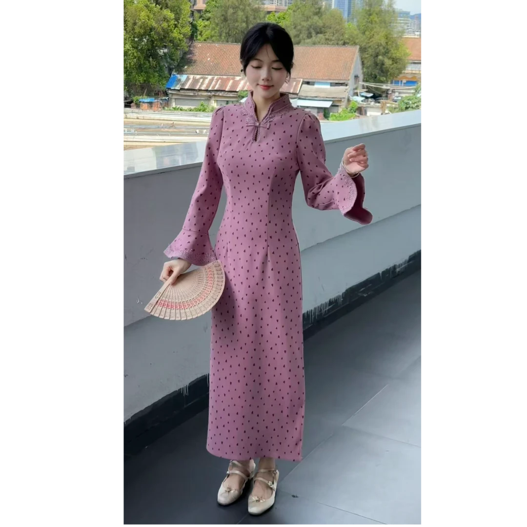 【C122】新中式2025年秋季改良版粉色波点甜美风旗袍女