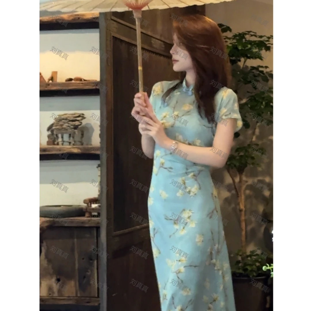 【刘真真春晓满枝】Z308 菲菲半圆襟高开衩单旗袍白茶中式印花QC
