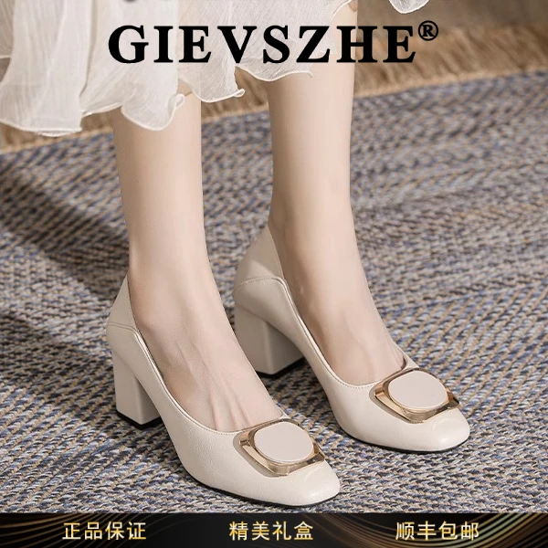 纪诗哲气质方头高跟鞋女款秋冬新款时尚百搭鞋子潮牌粗跟精美女鞋