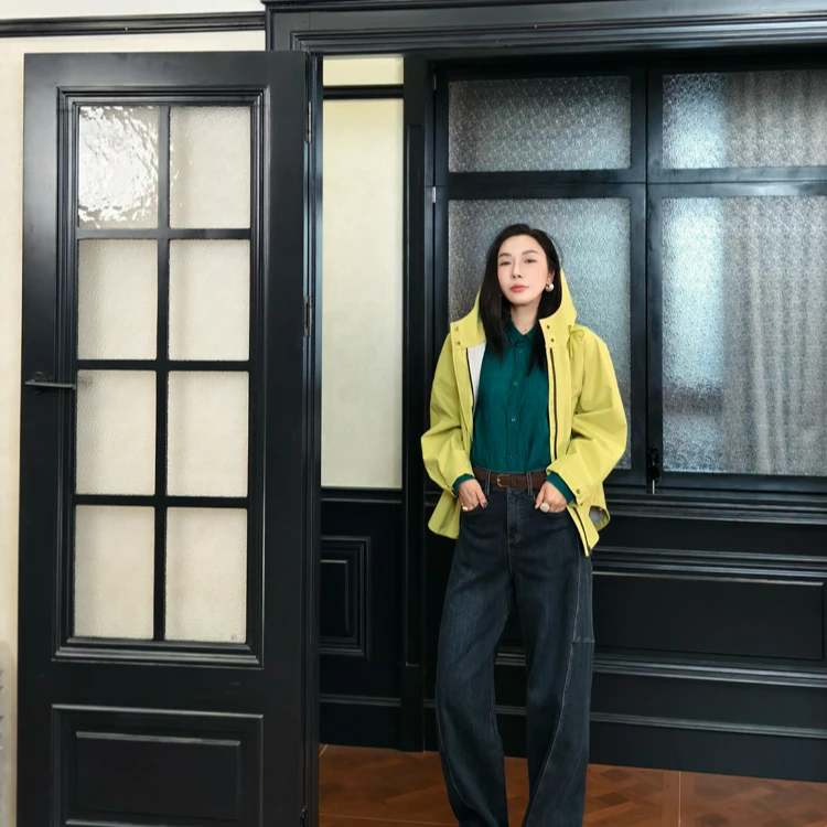 PENNYPENG黄柠檬春季时装新款洋气简约百搭防风宽松抽绳连帽风衣