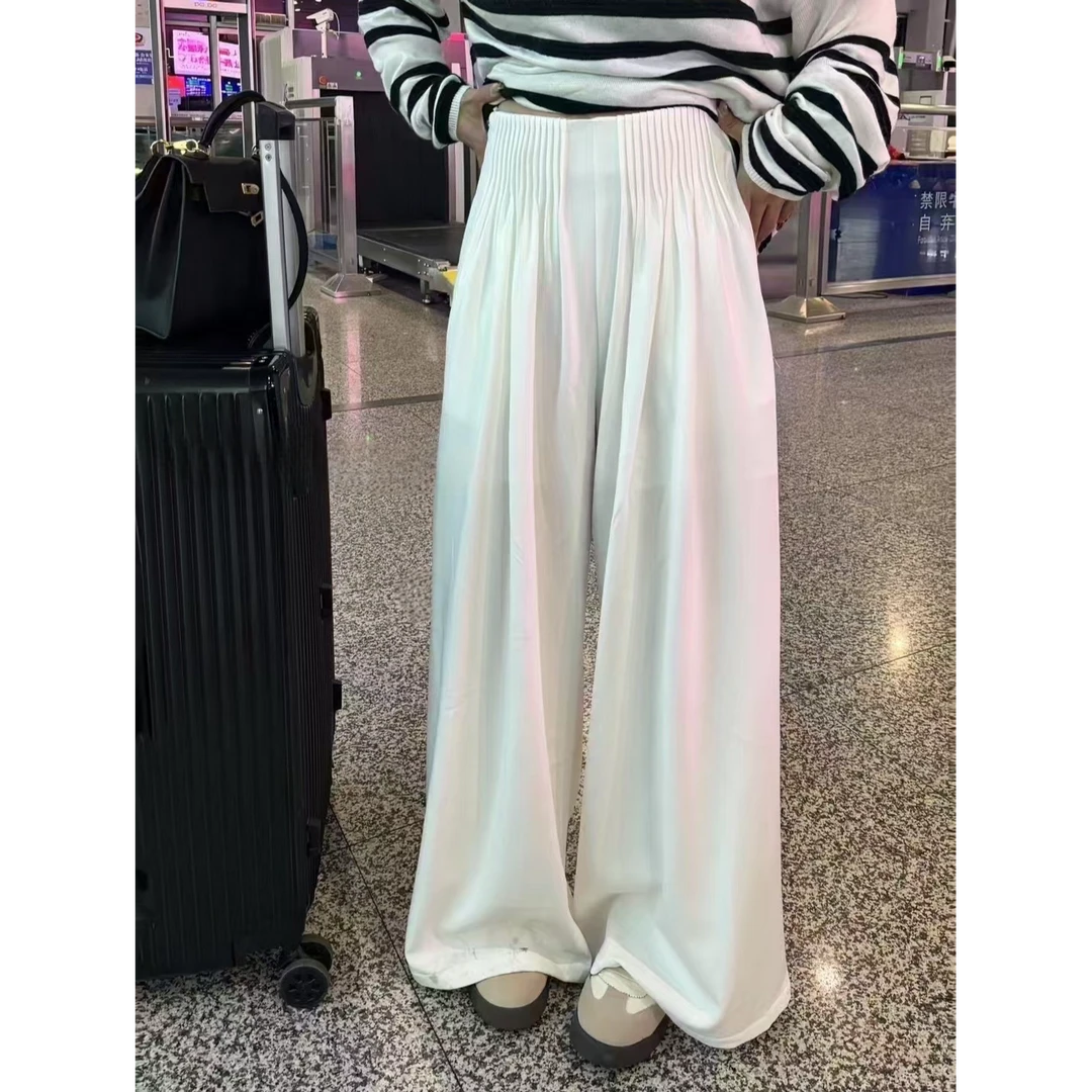韩版时尚高腰褶皱百搭阔腿裤女春夏新款宽松显瘦垂感拖地休闲裤