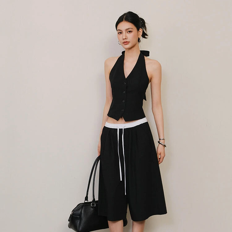 老钱风夏季百搭街头风ins西装马甲套装女慵懒气质显瘦两件套