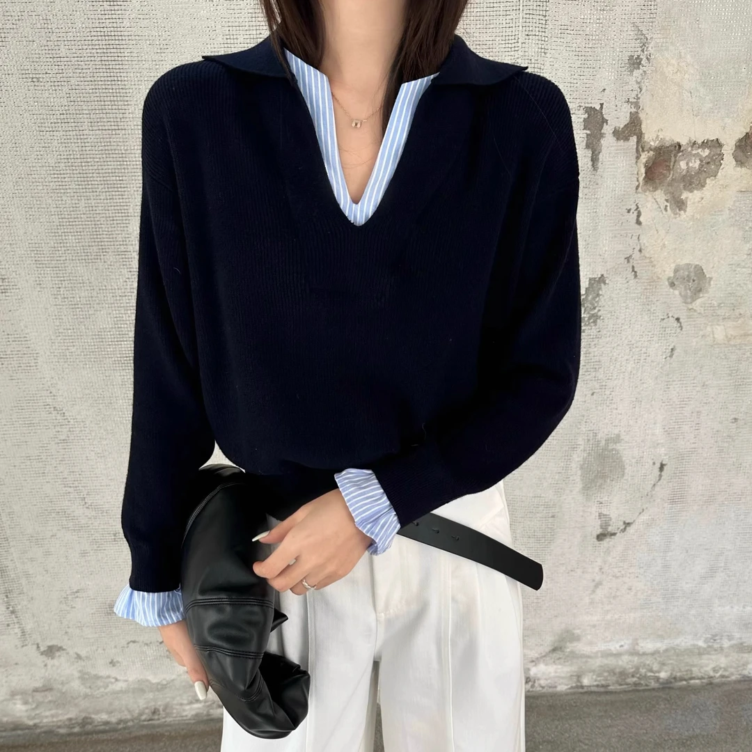 韩系假两件撞色拼接条纹针织衫女春季百搭显瘦设计感气质复古毛衣