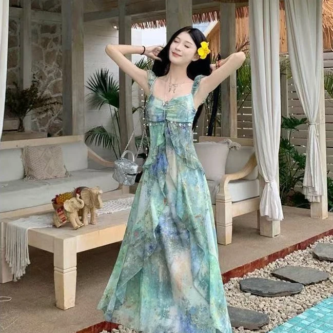 海边度假风扎染辣妹纯欲连衣裙2025夏季新款微胖显瘦大码仙女长裙