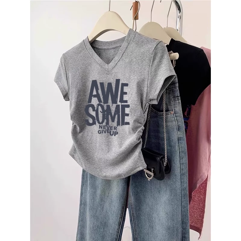 不规则褶皱V领短袖t恤女夏季设计感修身短款小个子正肩体恤上衣