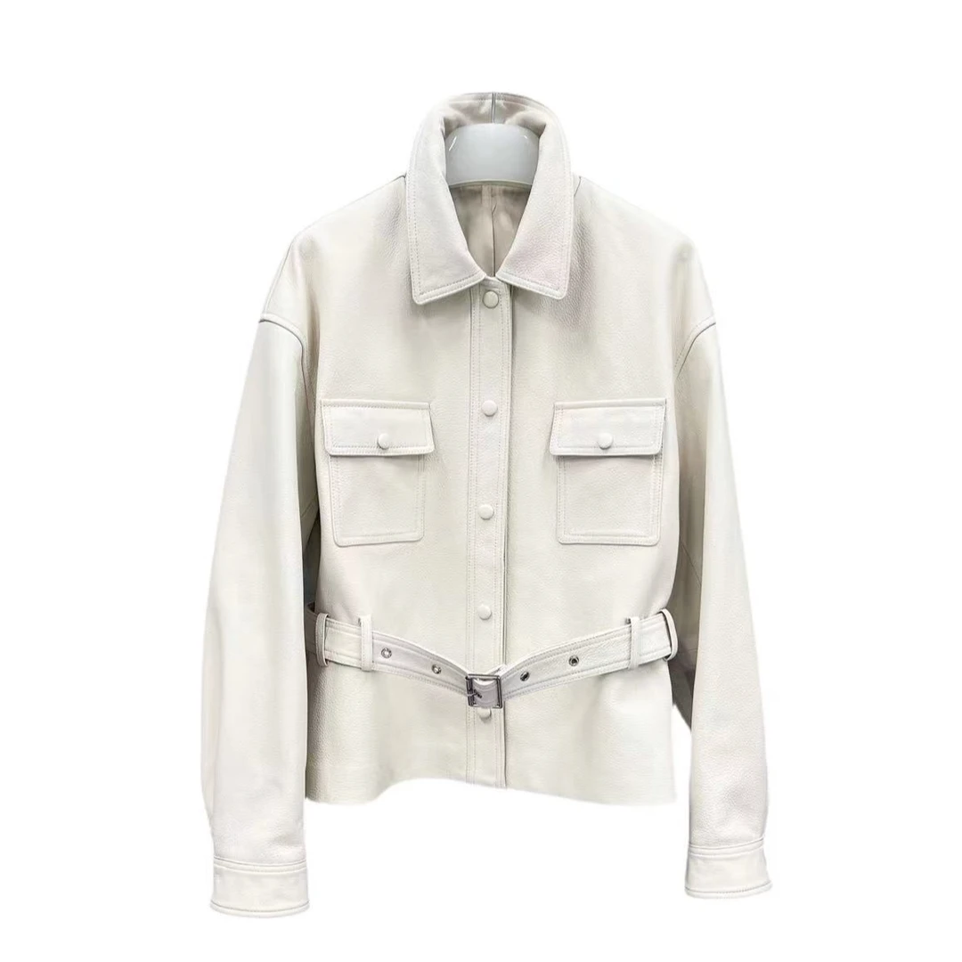 2025早春新款白色杨树林女装真皮皮衣气质牛仔短款时尚休闲百搭